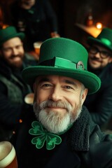 St. Patrick's joy - vibrant celebration of happy people smiling, enjoying, traditional attire, lively festivities, spirit of togetherness in this cultural and joyful occasion.