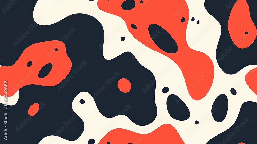 Poster abstract pattern with fluid shapes in bold red, black and cream background for modern design project
