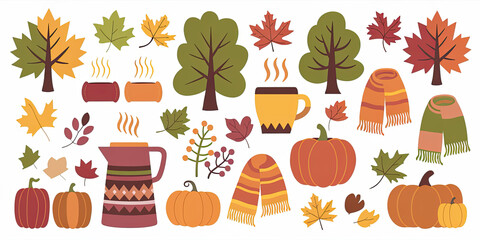 Autumn Cozy Season Pumpkins Leaves Trees Scarves Hot Drinks