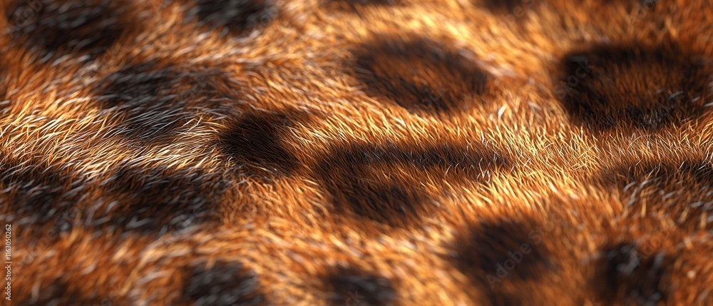 Poster close-up view of leopard fur texture with distinctive pattern of spots and stripes in warm tones