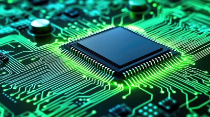 A close-up of a microchip on a circuit board, showcasing intricate electronic connections.