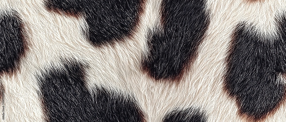 Poster close-up image of black and white cowhide texture with distinctive spots and patterns for background