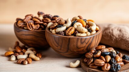 Fototapeta premium Assorted Nuts in Wooden Bowls on Rustic Table