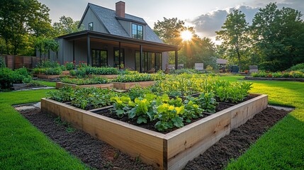 Sunset illuminates a charming home garden with raised beds