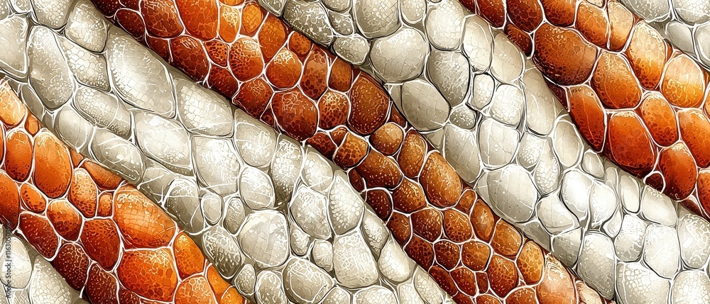Poster close-up view of colorful snake skin displaying intricate textures and patterns in warm and cool ton