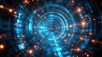 Obraz premium Abstract digital tunnel with glowing lines and particles.
