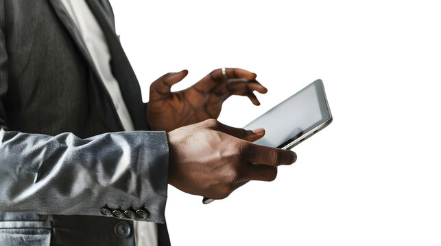 Hands holding and interacting with a black tablet, isolated on white background 