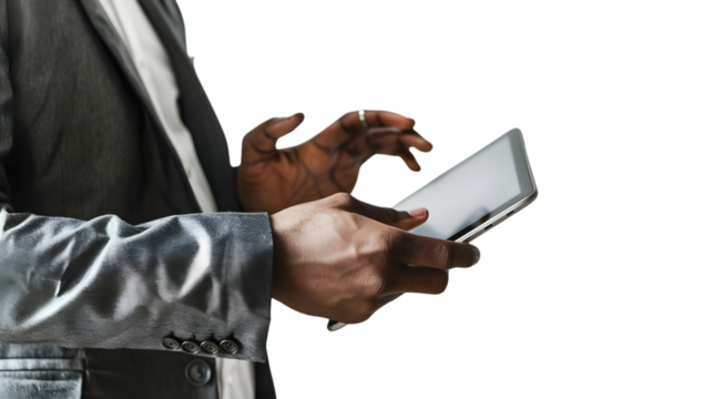 Hands holding and interacting with a black tablet, isolated on white background 