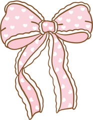 Whimsical Hand-Drawn Decorative pink Bow with heart pattern. Vector Illustration