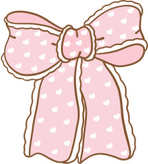 Whimsical Hand-Drawn Decorative pink Bow with heart pattern. Vector Illustration