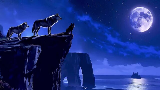 two wolves  howling at  the moon