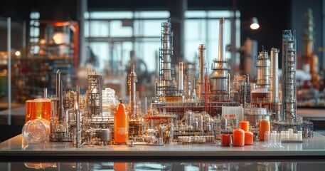 A display of various petroleum products, from gasoline and diesel to plastics and lubricants, with factories and refineries in the background