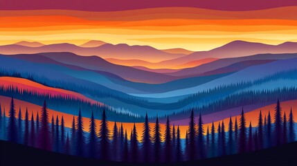 Obraz premium Vibrant sunset over layered mountains and forest.
