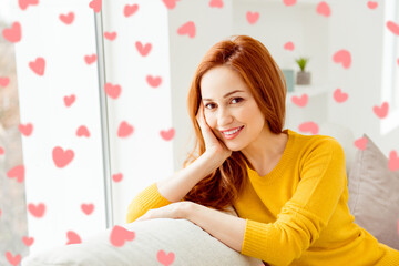 Free time concept. Nice, stunning, adorable, good-looking person look at camera sit on couch in...