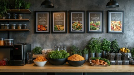 Healthy Food Display at a Modern Cafe: Fresh Ingredients and Vibrant Dishes