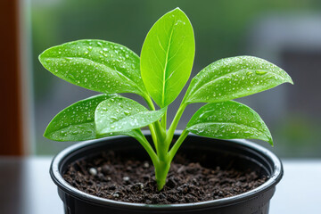 Young plant with fresh green leaves in pot. Close-up of green plant leaves with water drops. 