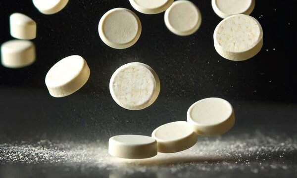 Floating effervescent tablets surrounded by a dusting of powder against a dark background.