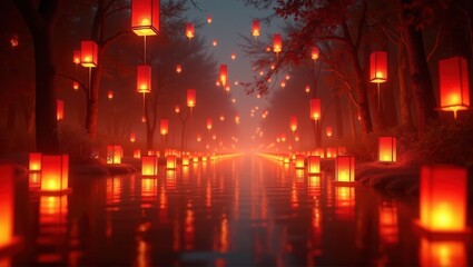 A serene path illuminated by red lanterns floating in the air and on water, creating a magical atmosphere for a traditional Chinese festival. Generative, AI,