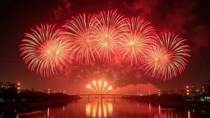 Fototapeta premium Spectacular red fireworks lighting up the night sky over a city with reflections on the river, celebrating a festival or special occasion. Generative, AI,