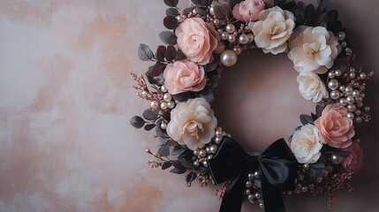 Obraz premium Beautiful floral wreath adorned with pink and cream roses, pearls, and a black ribbon on a soft background