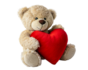 Cute teddy bear holding a red heart, perfect for expressing love and affection isolated on transparent background
