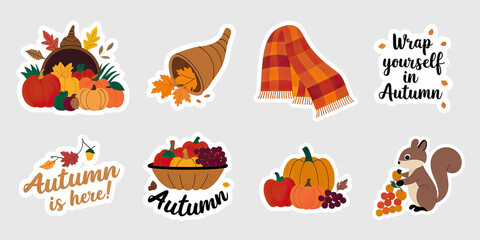 Fototapeta premium Autumn Stickers Pumpkins Leaves Scarf Squirrel Fall Harvest
