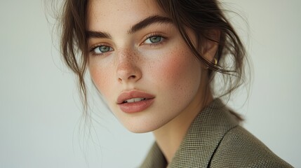 Portrait of a Young Woman with Freckles and Soft Makeup