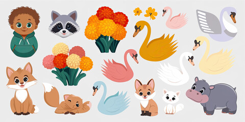 Cute Animals Flowers Swans Illustration Set Child Fox Raccoon Hippo