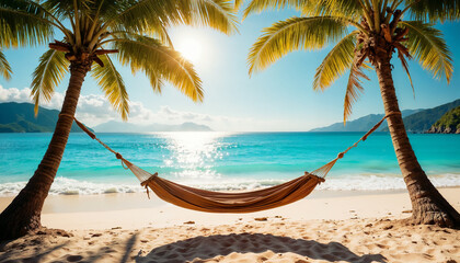 Fototapeta premium Relaxing hammock between palm trees on a beautiful beach with turquoise water