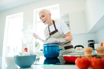 Charming elderly woman cooking gourmet meal in bright kitchen with sunlight filtering through the windows