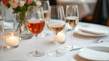 Elegant Wine Tasting Experience: Rose, White, and Dessert Wines on a Romantic Dinner Table Setting