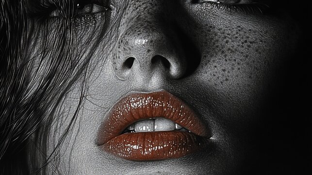Closeup Monochrome Portrait Of A Woman With Brown Lipstick