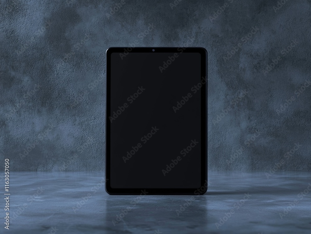 Poster sleek black tablet displaying a blank screen - front perspective with minimalist design