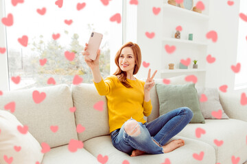 Style, trend, elegant, graceful, charming, cheerful, fancy lady take selfie, sit on soft couch in...