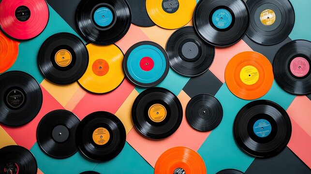Colorful Vinyl Records on a Geometric Background: A Nostalgic Music Collection