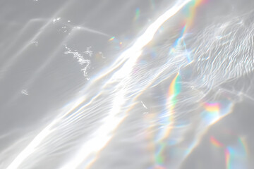 Water texture overlay effect for photo and mockups. Organic drop diagonal shadow caustic effect with rainbow refraction of light on a white wall.