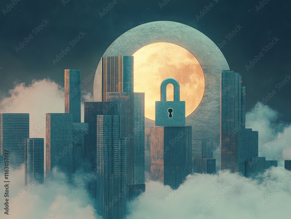 Poster futuristic cityscape featuring minimalist clouds and metallic lock icon representing data security