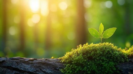 New Life in the Forest: A young plant thrives on a mossy log in the warm glow of sunset, symbolizing growth, renewal, and the beauty of nature.