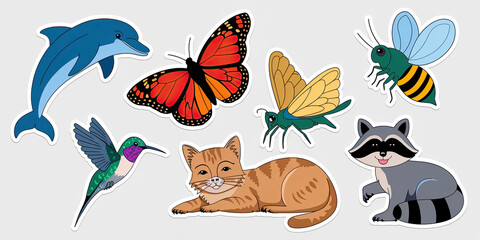 Fototapeta premium Adorable Animal Stickers Dolphin Butterfly Bee Hummingbird Cat Raccoon