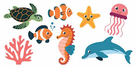 Fototapeta premium Cute Ocean Animals Cartoon Sea Life Illustrations Kids Dolphins Fish Turtle