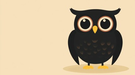 Naklejka premium Cute Black Owl on Beige Background, Minimalist Children's Book Illustration