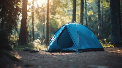 Vibrant Blue Camping Tent Surrounded by Lush Forest: Perfect for Summer Adventures in Nature