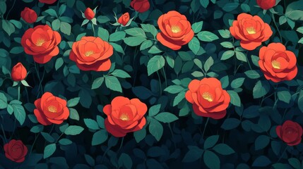 Vivid Red Roses Bloom Abundantly In Lush Green Foliage