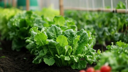Lush Green Lettuce Growing in Greenhouse