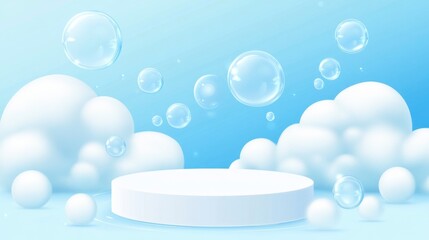 White Podium with Clouds and Bubbles on Blue Background - Product Display Mockup