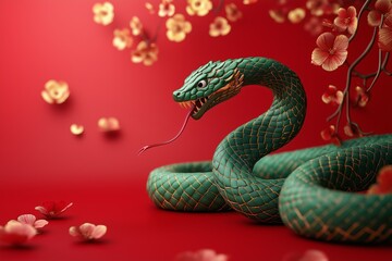 Obraz premium Green snake among golden coins and flowers on red background, symbol of 2025 year