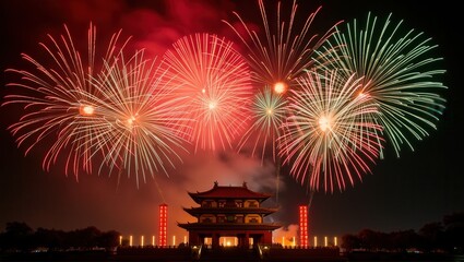 Fototapeta premium Bright fireworks light up the night sky above a traditional Chinese temple, creating a spectacular and festive atmosphere. Generative, AI,