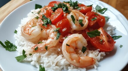 Savory Garlic Shrimp Served on a Bed of Rice with Fresh Tomatoes and Peppers