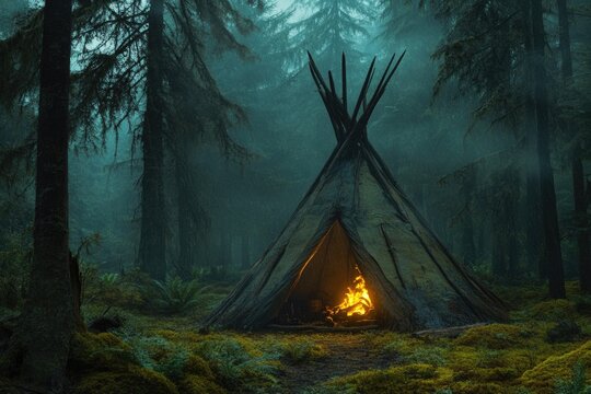 Traditional Bushcraft Shelter: Primitive Wikiup with Campfire Glowing in the Forest