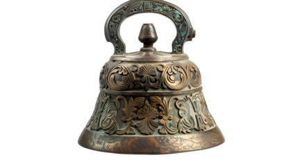 Intricately carved bronze bell with a warm, aged texture, showcasing traditional craftsmanship and elegance. Isolated on a white background, PNG 